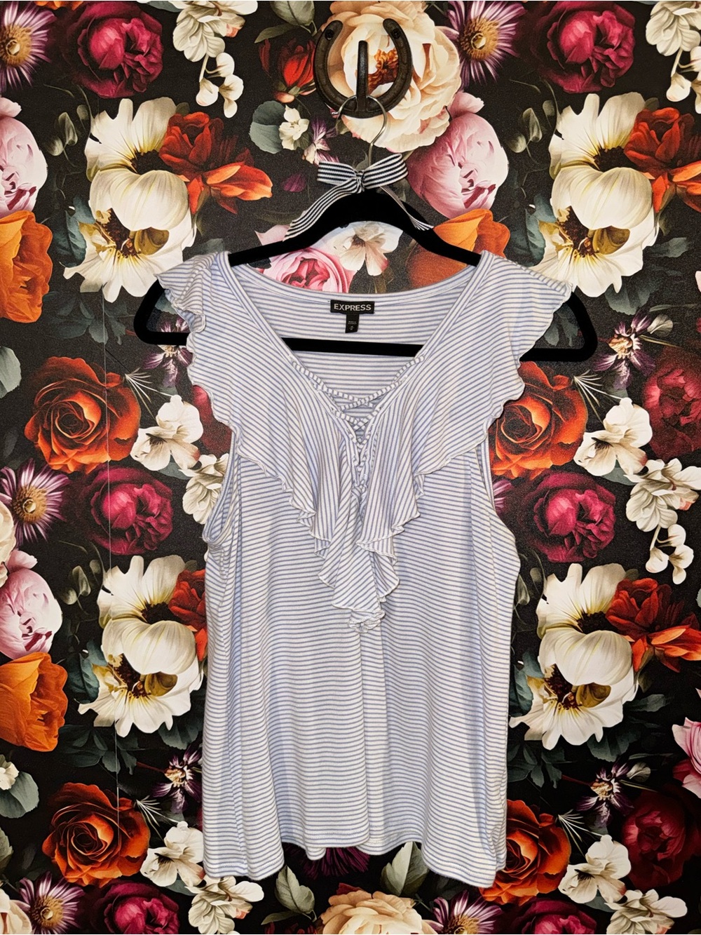 Express Blue and White Striped Ruffle Lace-Up Tank, M
